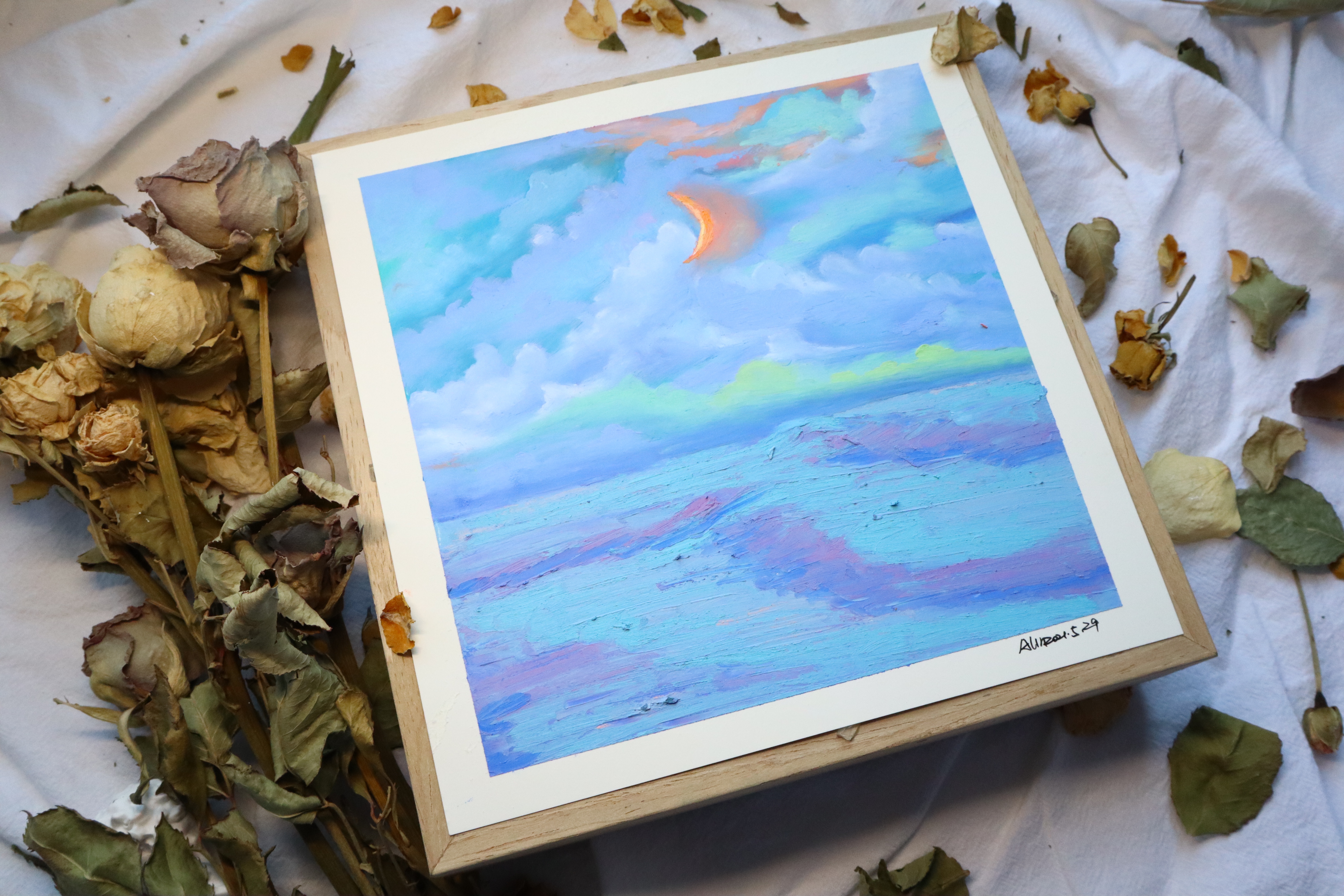 油画作品大海教程,落日大海油画棒作品简单