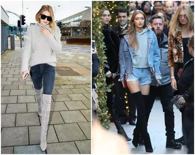 烟灰色牛仔裤怎么搭过膝靴,小香风皮毛外套搭配牛仔裤过膝靴