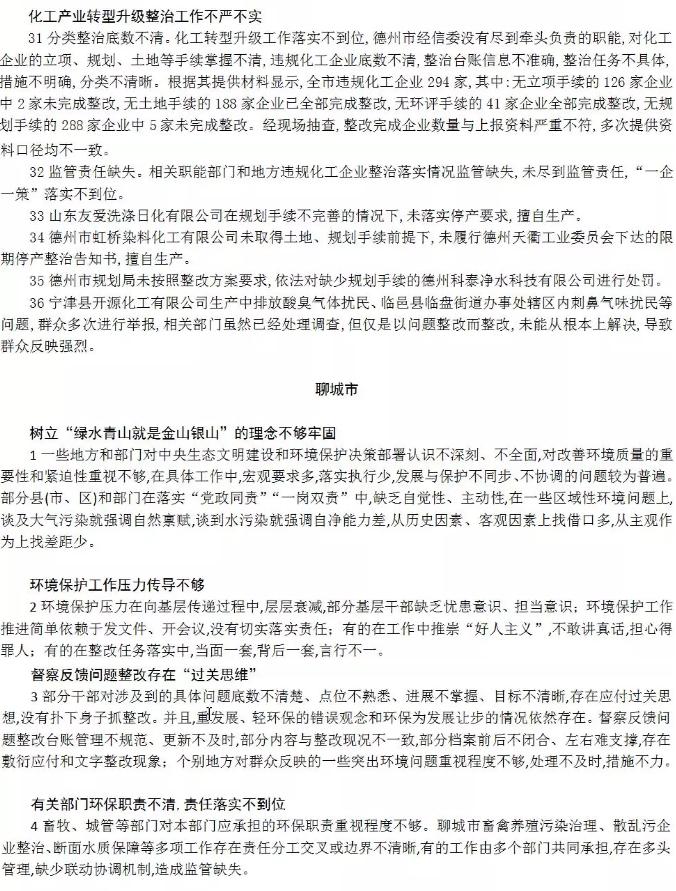 山东环保督察问题清单多市被点名“政治站位不高”