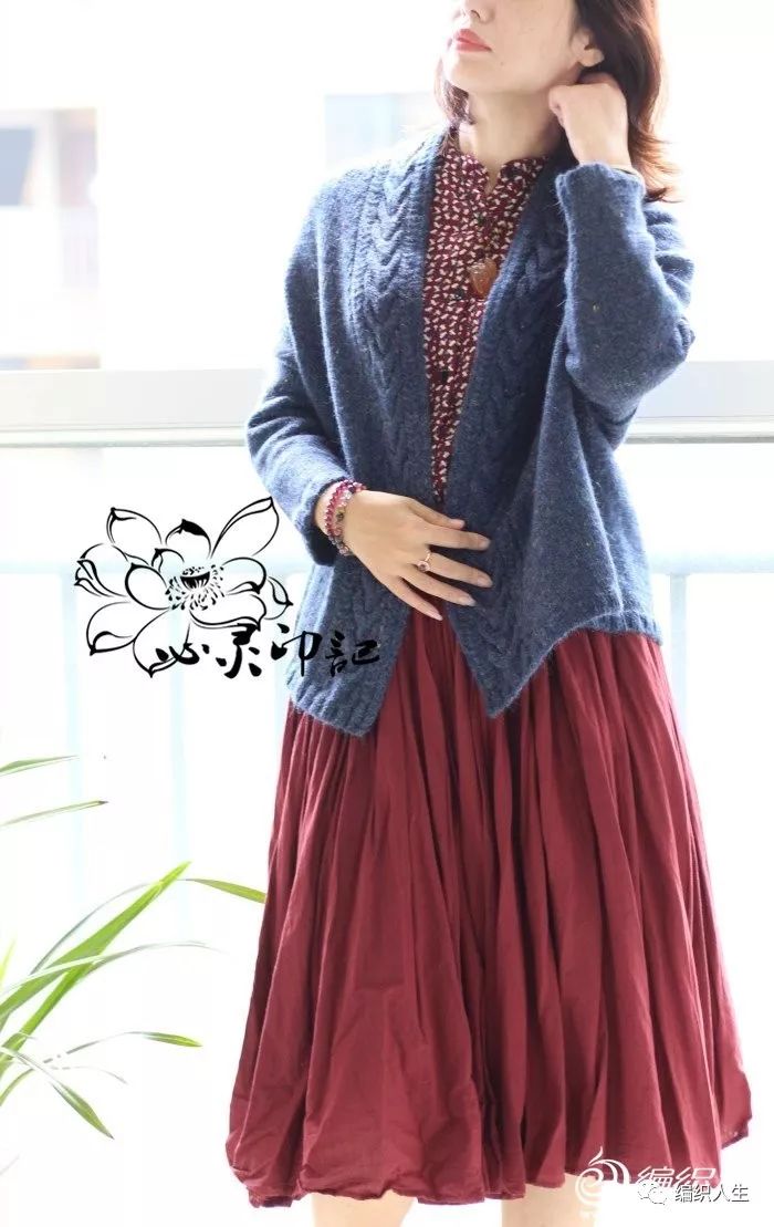 叶子花门襟边女士棒针长袖开衫,粗线棒针女士开衫外套图解