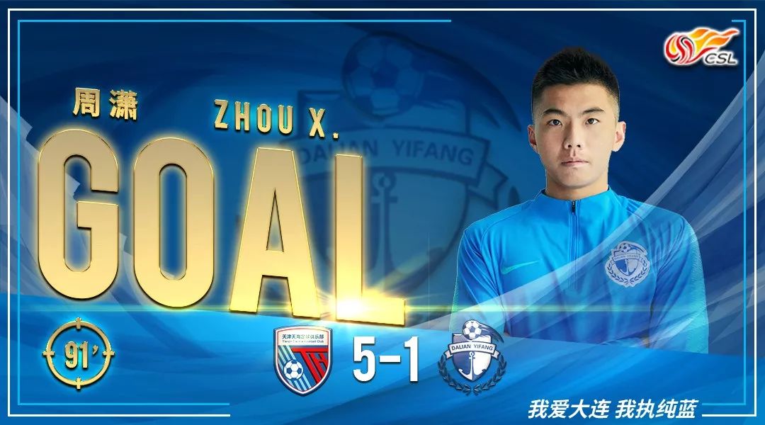 「蓝·战报」小将周潇攻入个人中超首球大连一方客场1-5天津天海