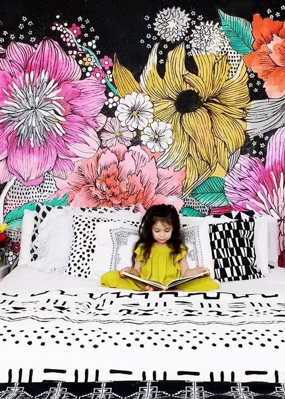 儿童卧室简单墙画手绘,留一面水泥墙