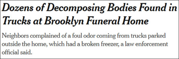 纽约4辆卡车发现近60具尸体，警察：从未见过这种事