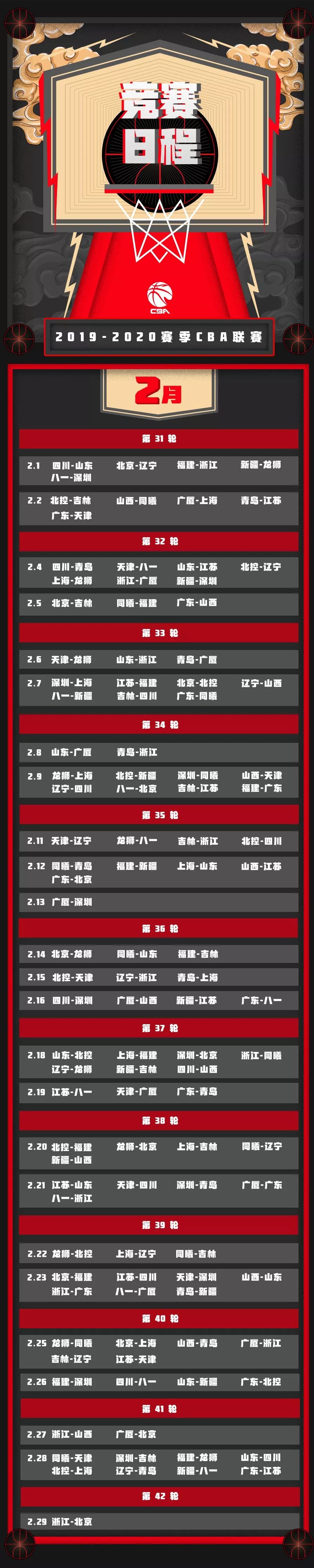 2019-2020cba辽粤第24轮赛事,广东队和辽宁队赛程