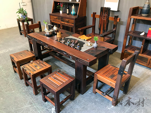 老船木茶桌椅组合现代简约茶几,原生态老船木茶几家用