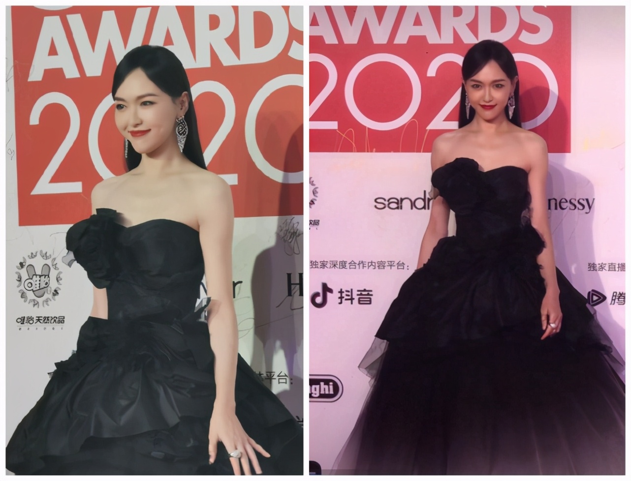 乔欣红色丝绒长裙造型,钟楚曦发型乔欣