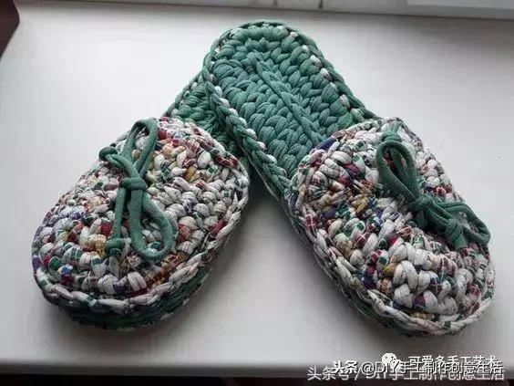 布条线桃花拖鞋编织教程,旧布条编拖鞋方法