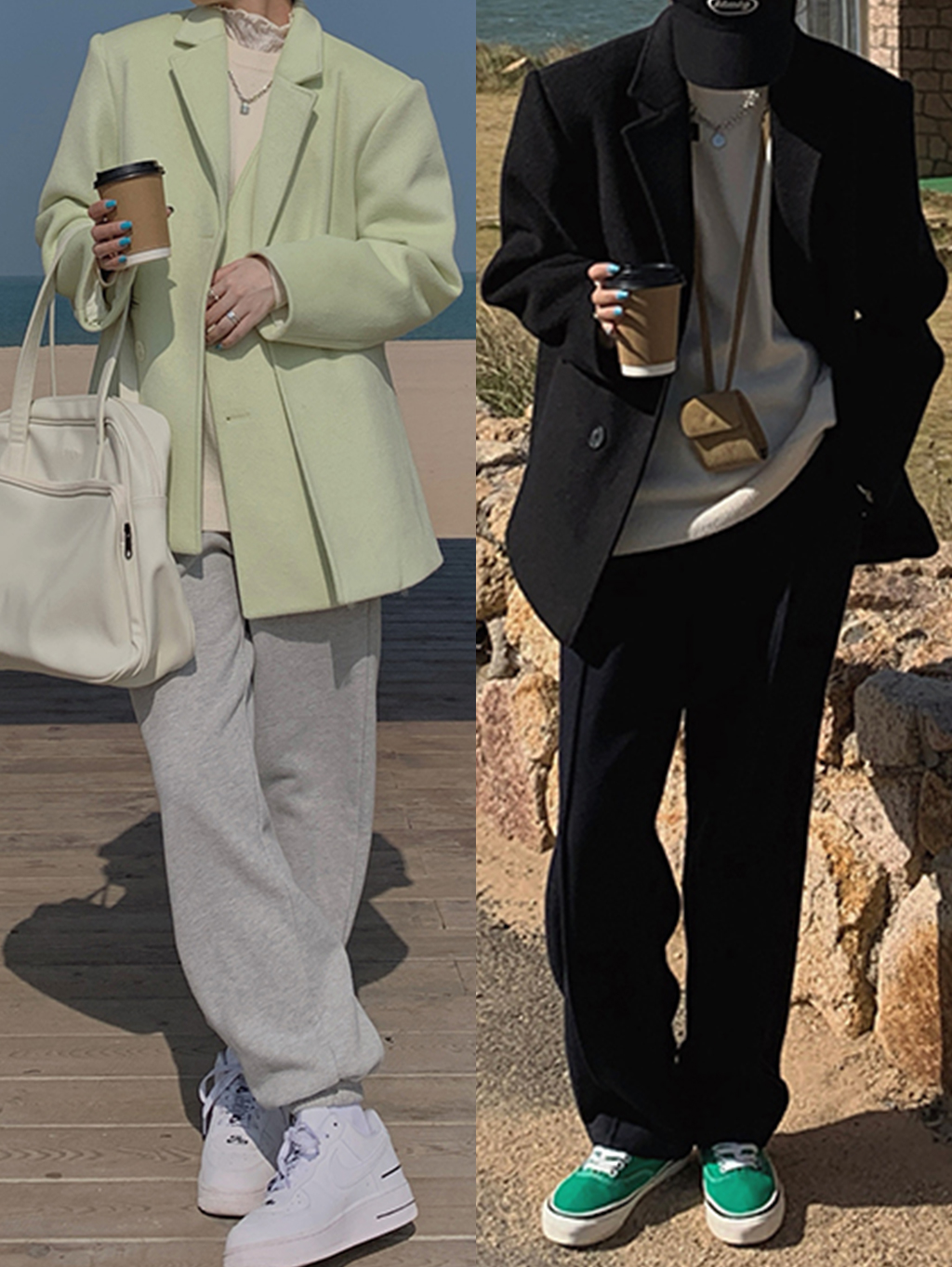 时髦又大方的韩范穿搭 (韩风穿搭格子西装配白色哈伦裤)