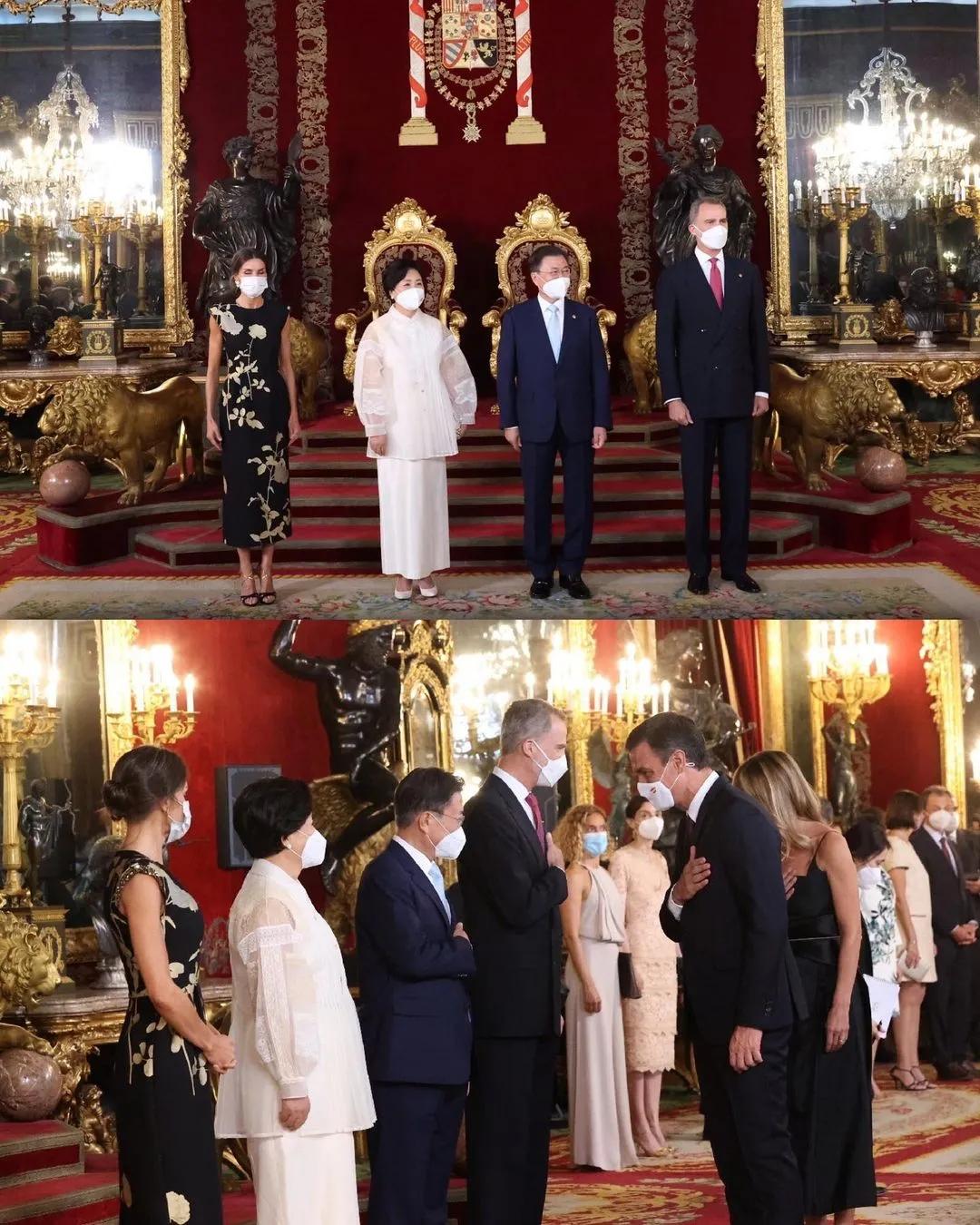 西班牙莱后不敌韩第一夫人，二穿旧裙老气突显，全靠高马尾撑精神