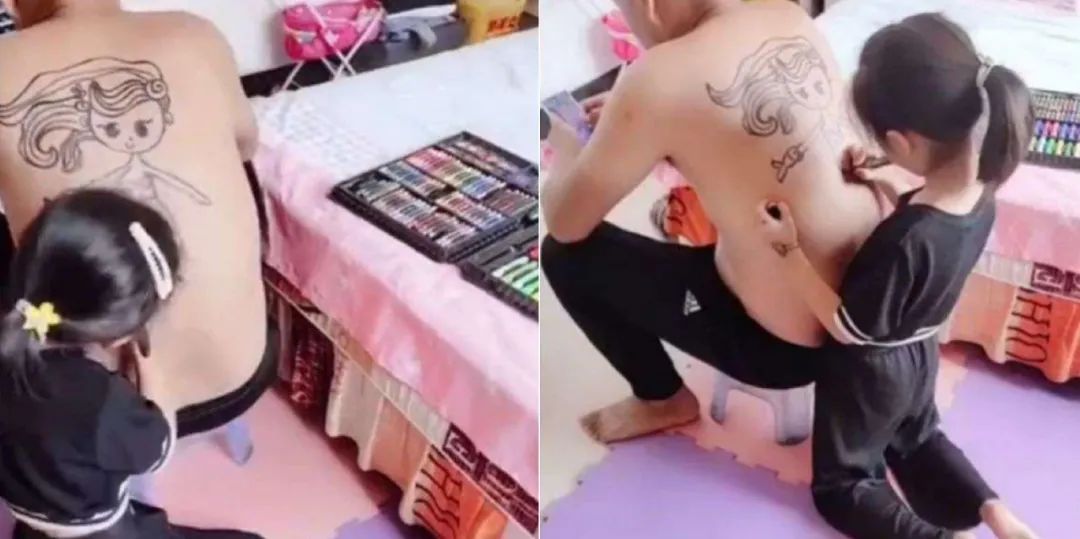 宝宝趴在爸爸背上简笔画,宝宝在老爸背上画画图片
