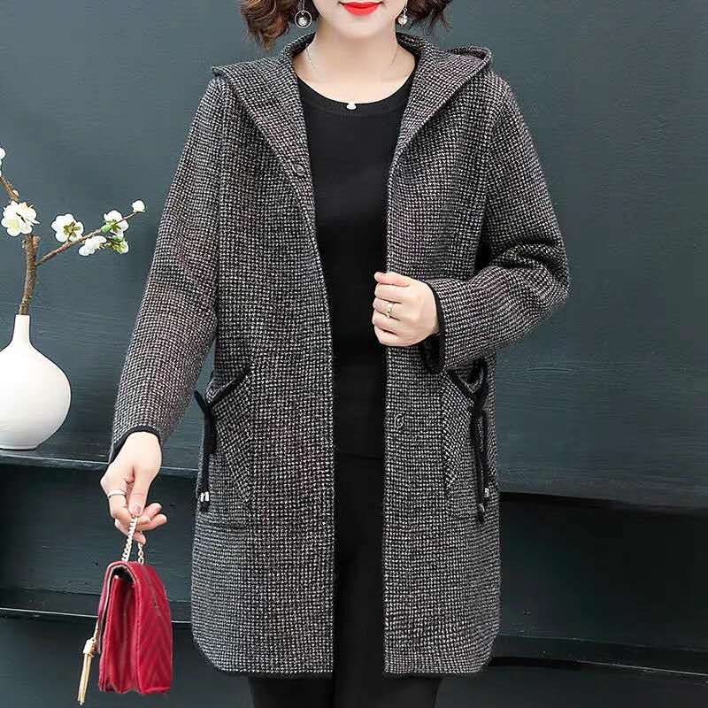 2020羊毛针织韩版大衣，系带洋气外套千鸟格，大码中老年大衣