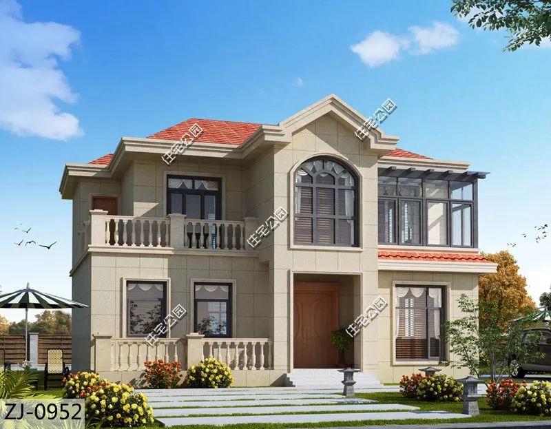 欧式别墅一层农村自建房带阳光房,面宽10米农村二层别墅