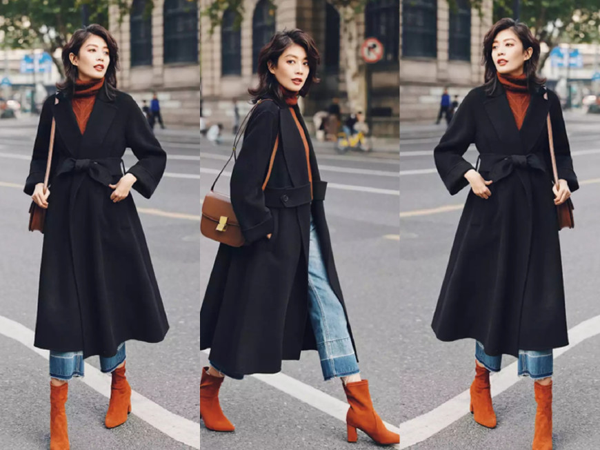 双面绒过膝大衣+裤子+小短靴，冬季这么穿很美！