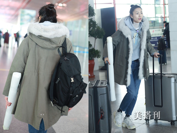 变身乖乖女！刘雯时装周归来，皮草大衣搭配牛仔裤，军工范十足