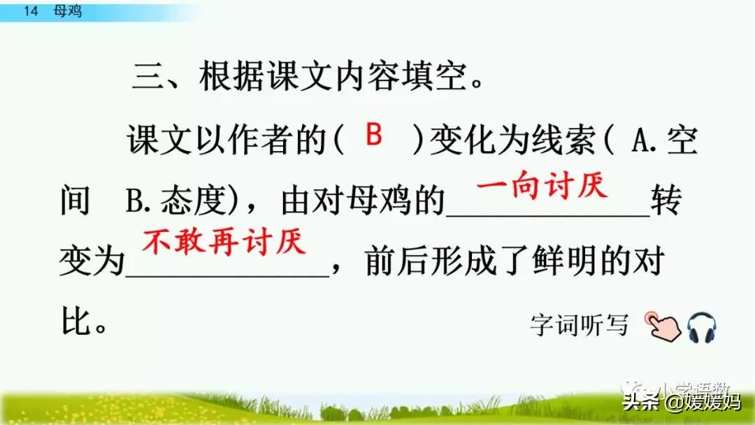 四年级下册第13课小练笔仿写母鸡,四年级下册14课母鸡的预习完整版