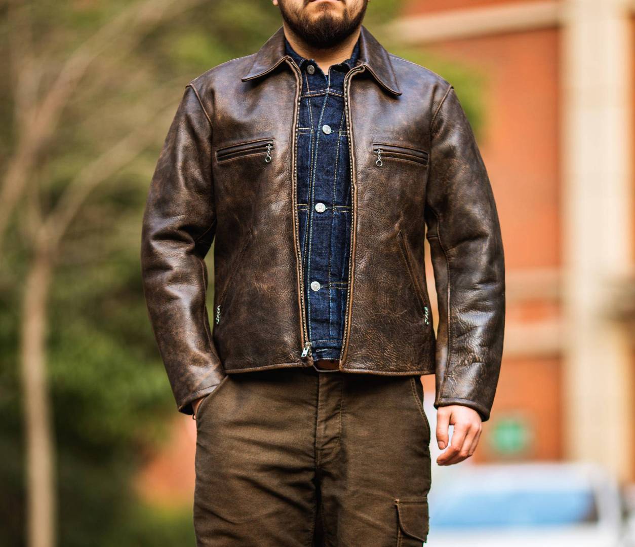 男小牛皮翻毛皮复古做旧皮衣,牛皮复古做旧皮衣男中长款