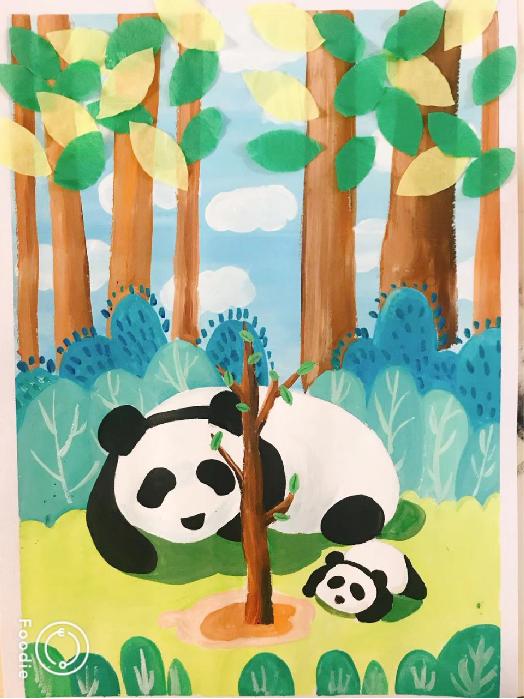 小熊美术水粉创意画,熊猫水粉画儿童画