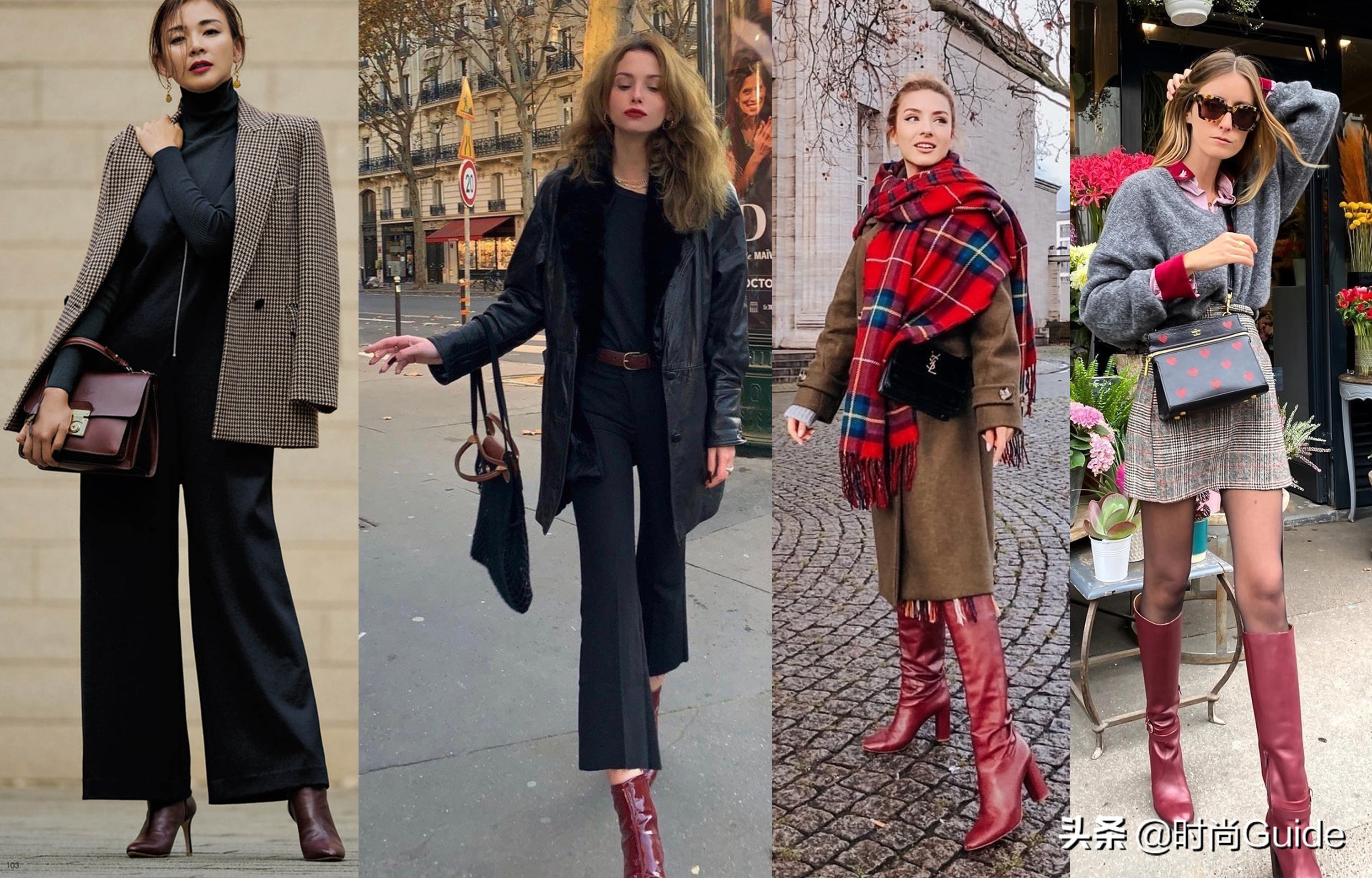 棕色靴子搭配红色小香风,复古深棕色和烟灰色靴子好搭吗