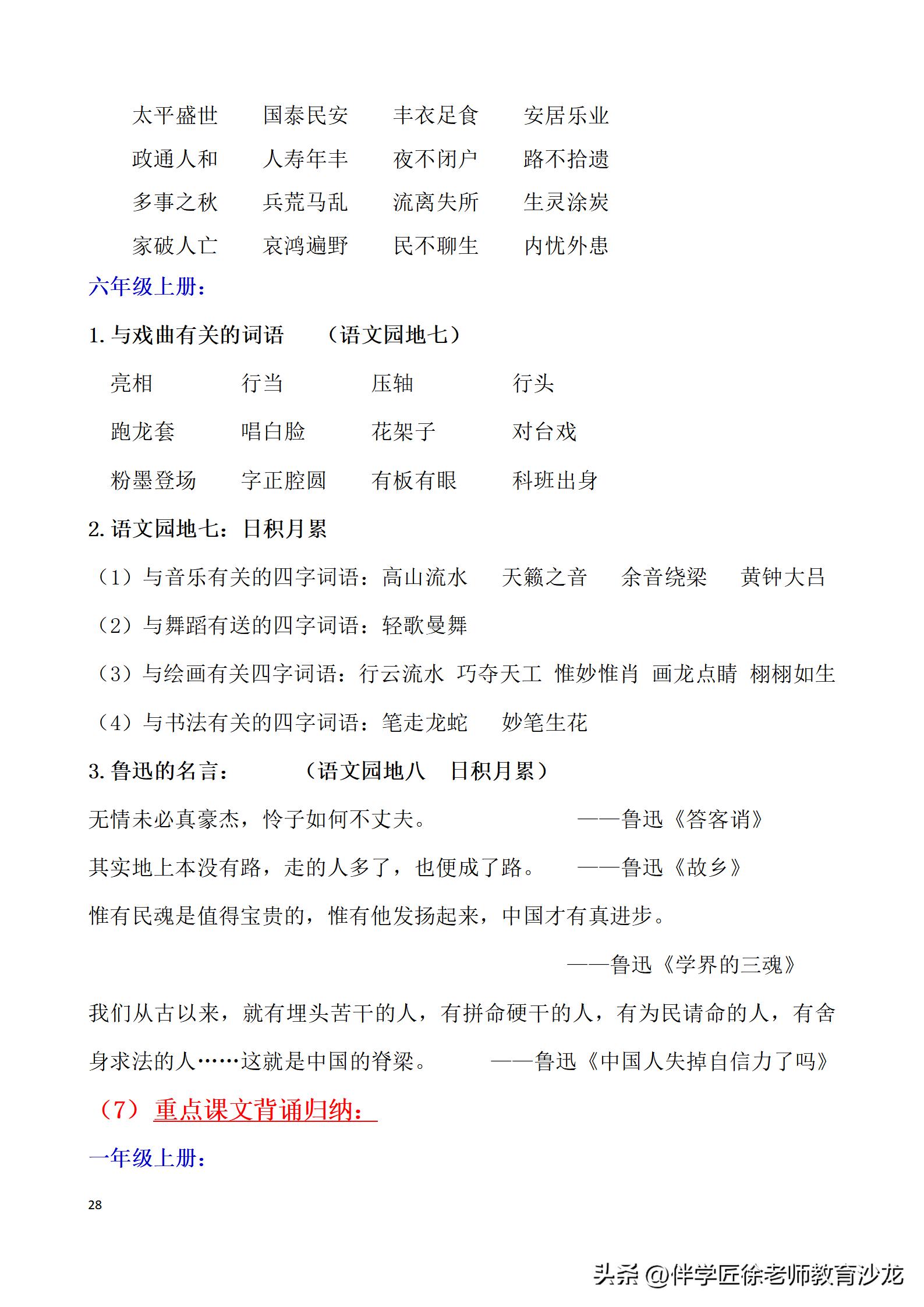小学六年级语文必背资料,六年级语文必背知识点可打印