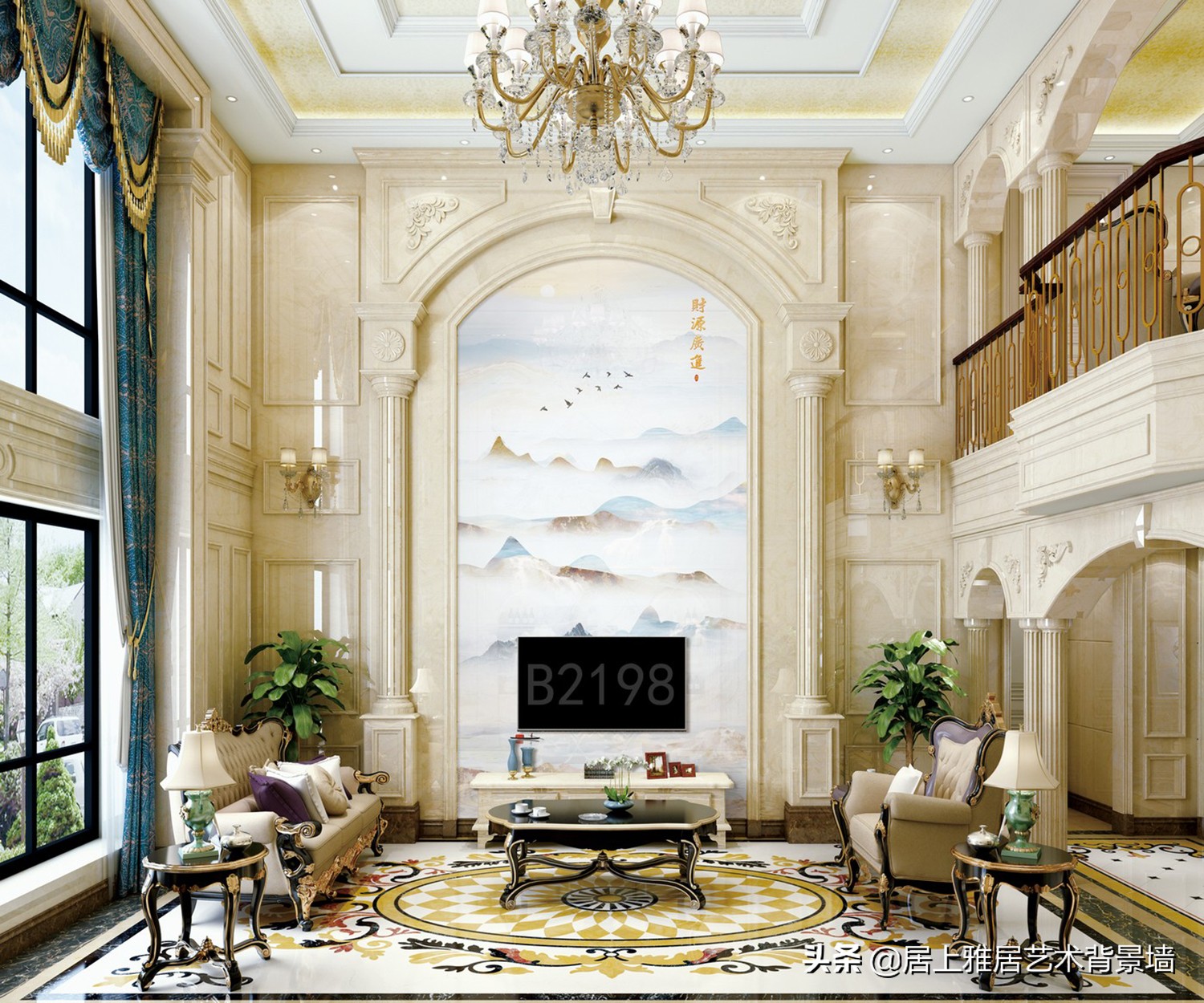 复式挑高沙发背景墙装饰画,自建房复式楼电视背景墙效果图