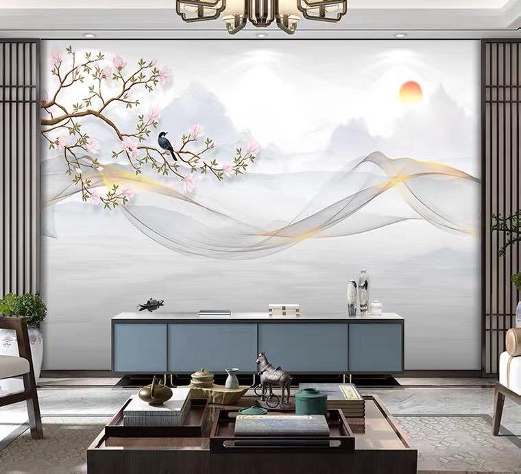 新中式浮雕山水壁画背景墙,新中式山水壁布壁画价格