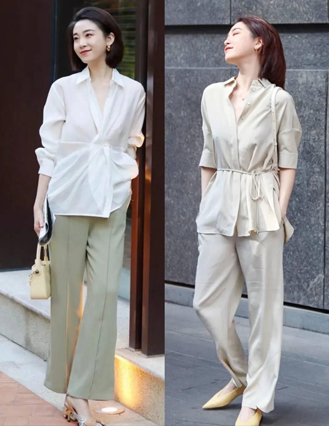 垂感阔腿裤半身长裙,时装衬衫阔腿裤早秋超美气质搭配