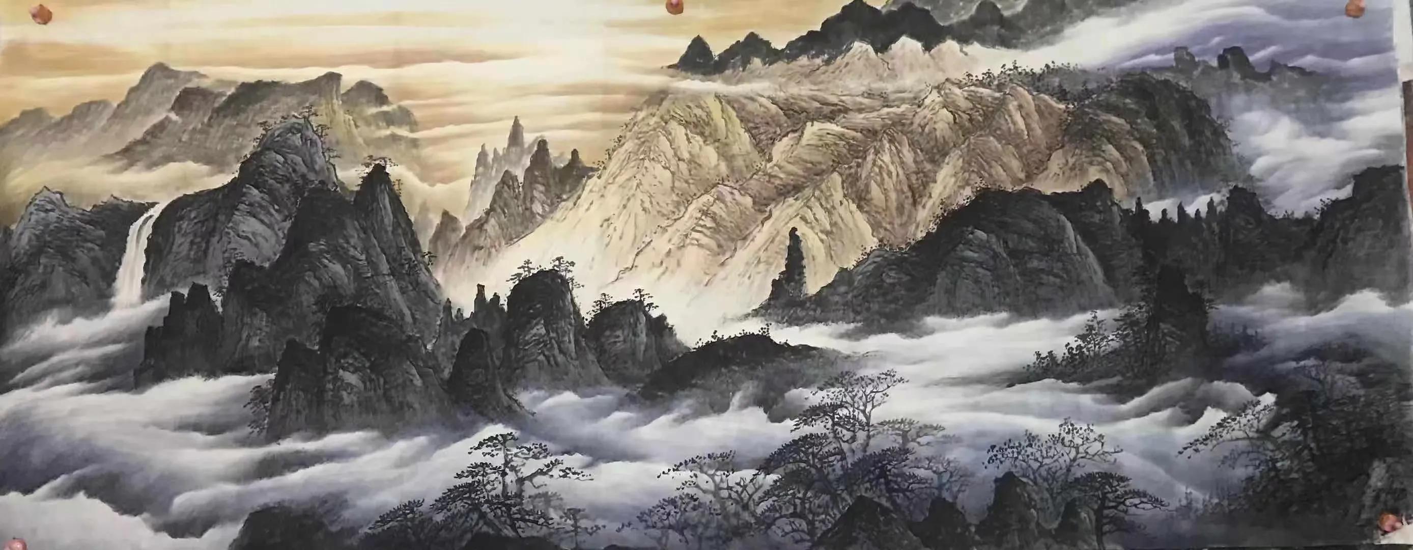 办公室山水画背景墙挂画流水生财,鸿运当头山水画背景墙办公室