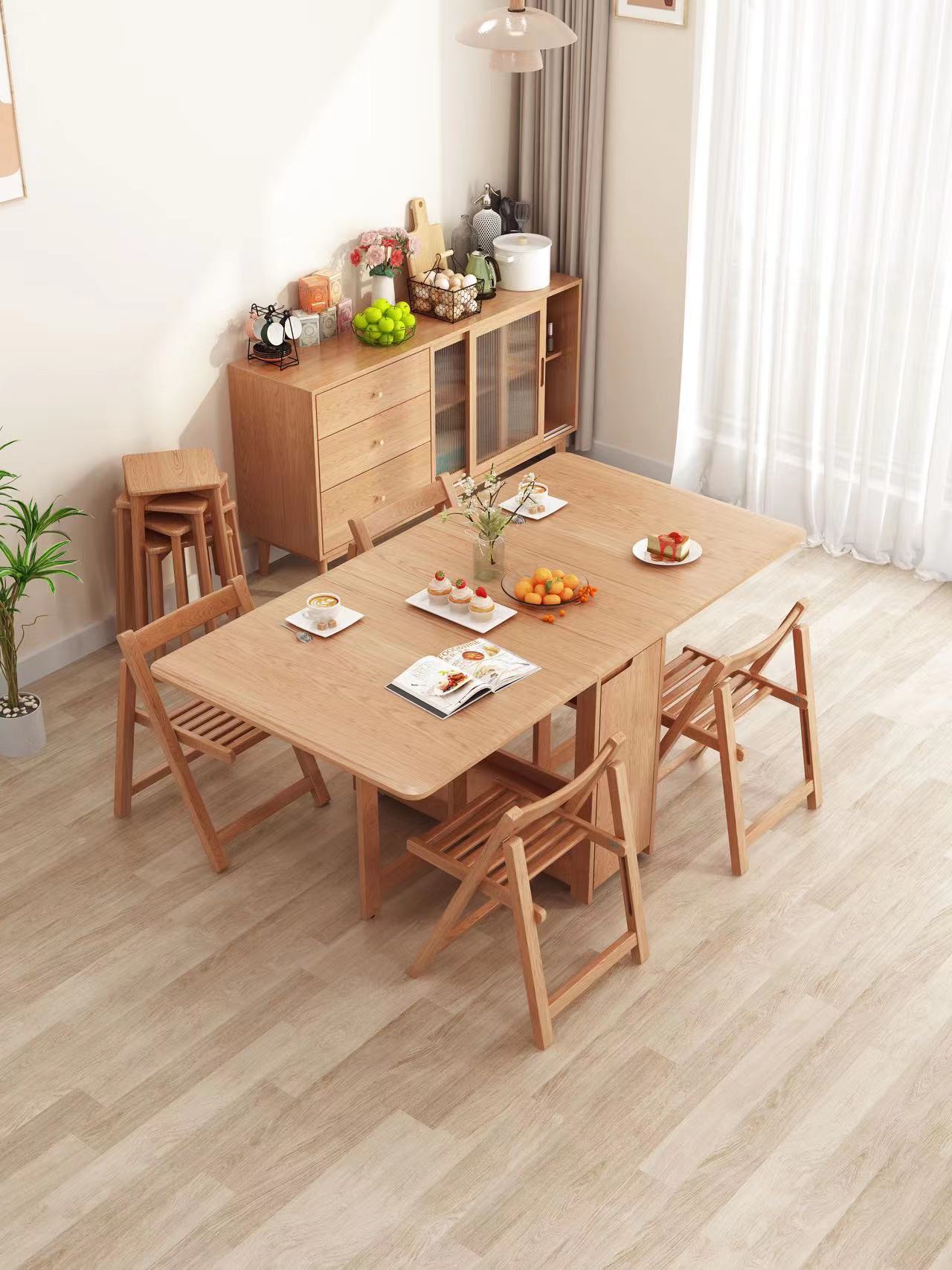 折叠餐桌餐边柜一体小户型,实木餐桌折叠可伸缩长桌小户型