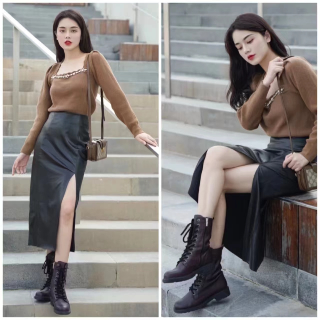 马丁靴的正确搭配图秋冬,穿长腿马丁靴配什么裤子好看