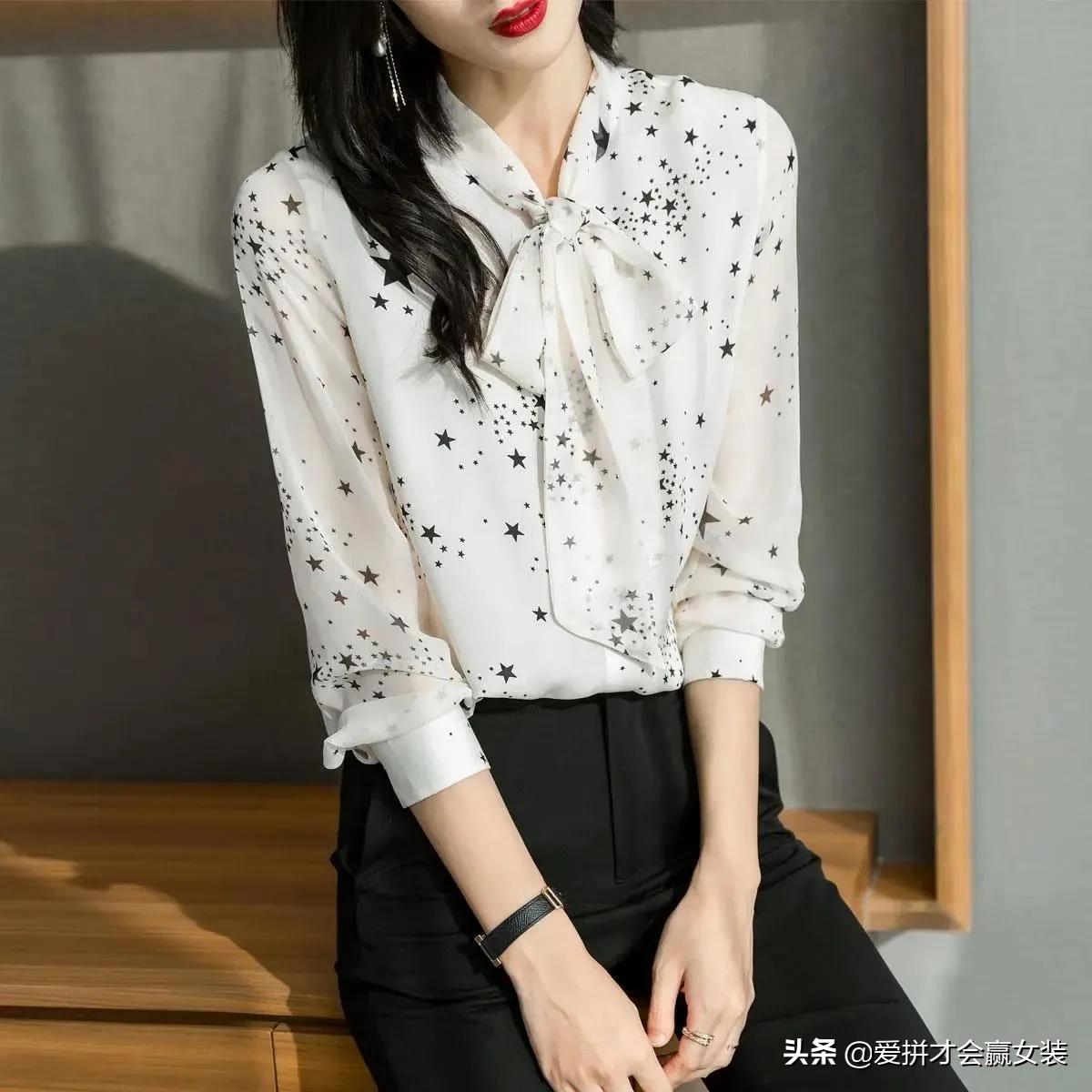 金真丝绒上衣女长袖高端重磅衬衫,春季新款时尚印花圆领真丝衬衫