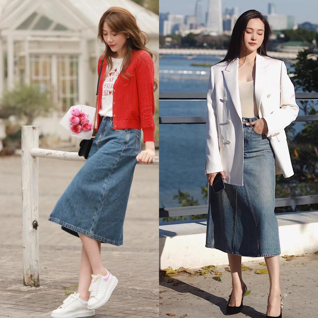 长款过膝裙怎么搭配,春天过膝裙穿搭