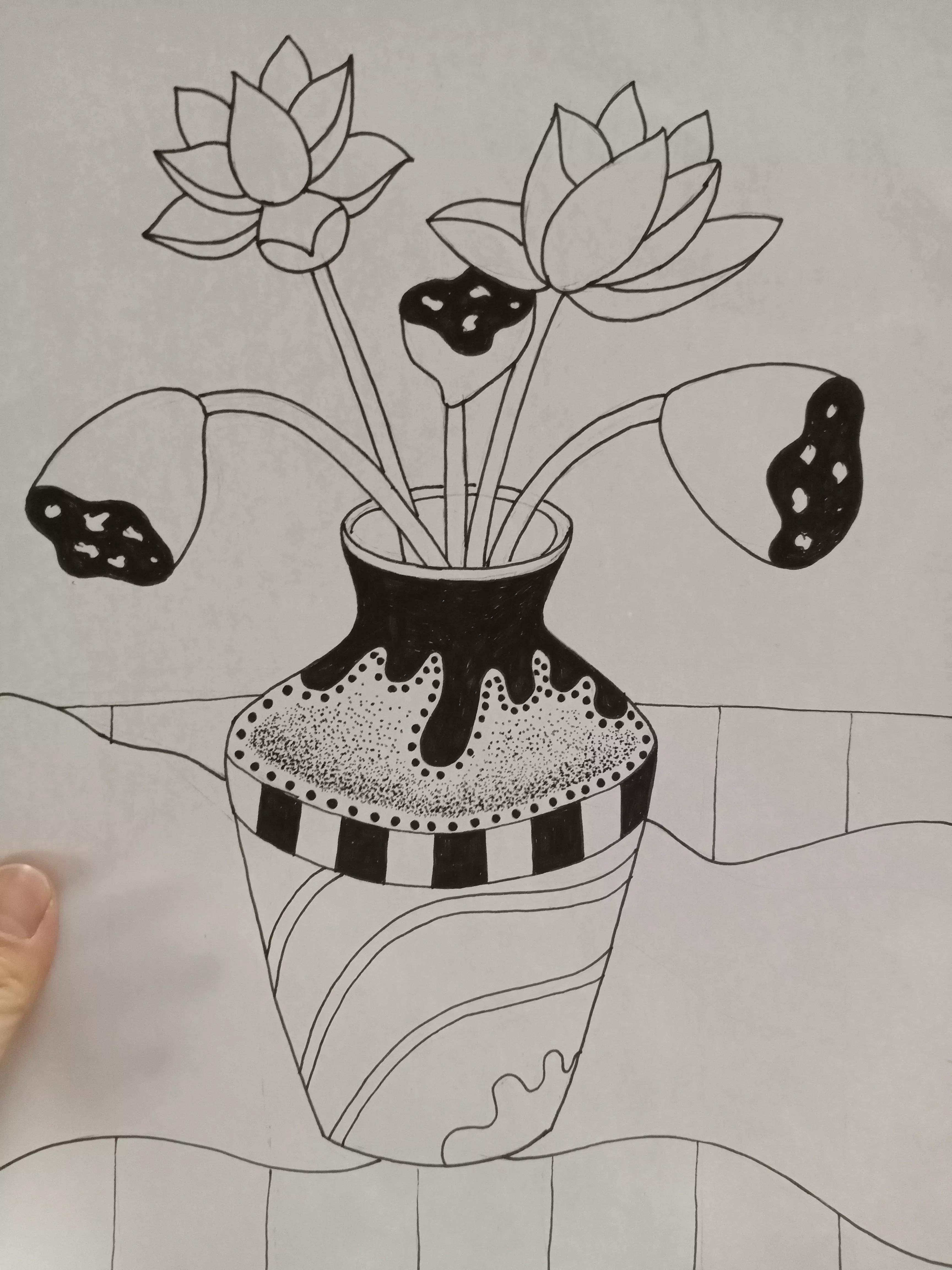 花瓶里的花线描画,线描画花瓶教学视频