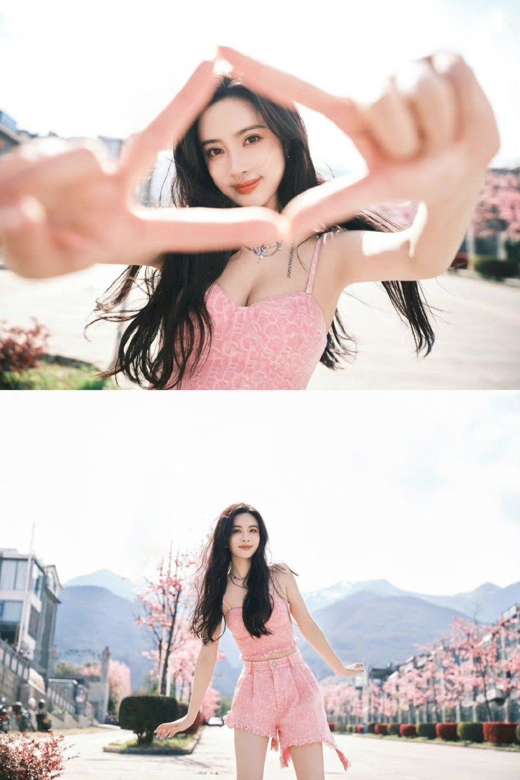 孟子义银色吊带裙造型,孟子义粉色连衣裙写真图片