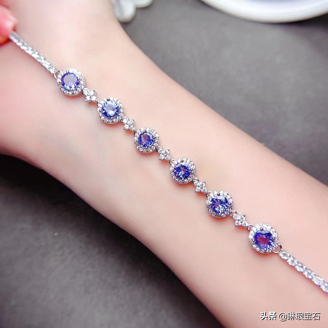 1克拉莫桑石手链s925,s925银天然坦桑石水滴手链