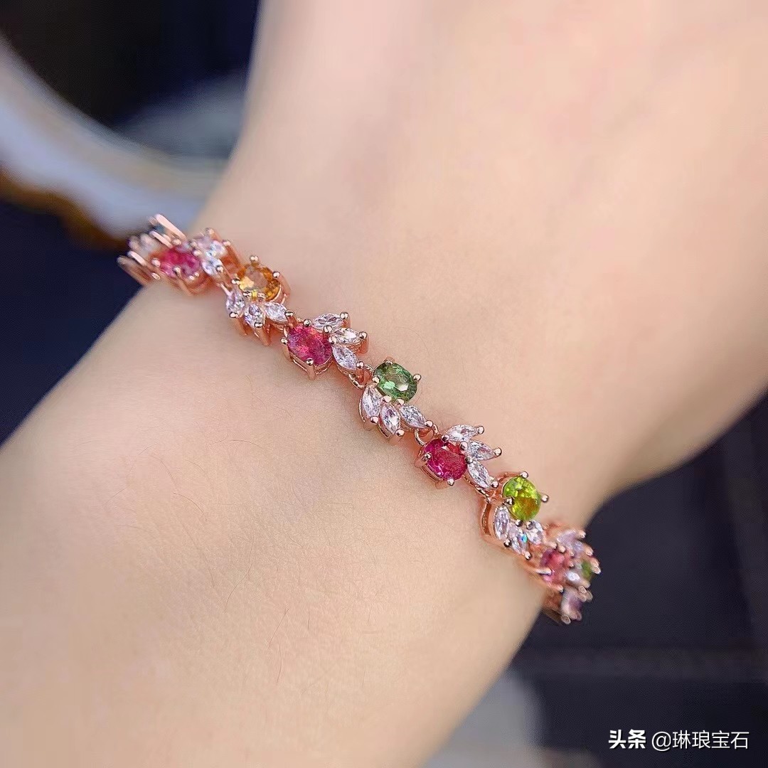 18k金天然碧玺手链长18cm可调节,纯天然彩虹亮色碧玺多圈手链