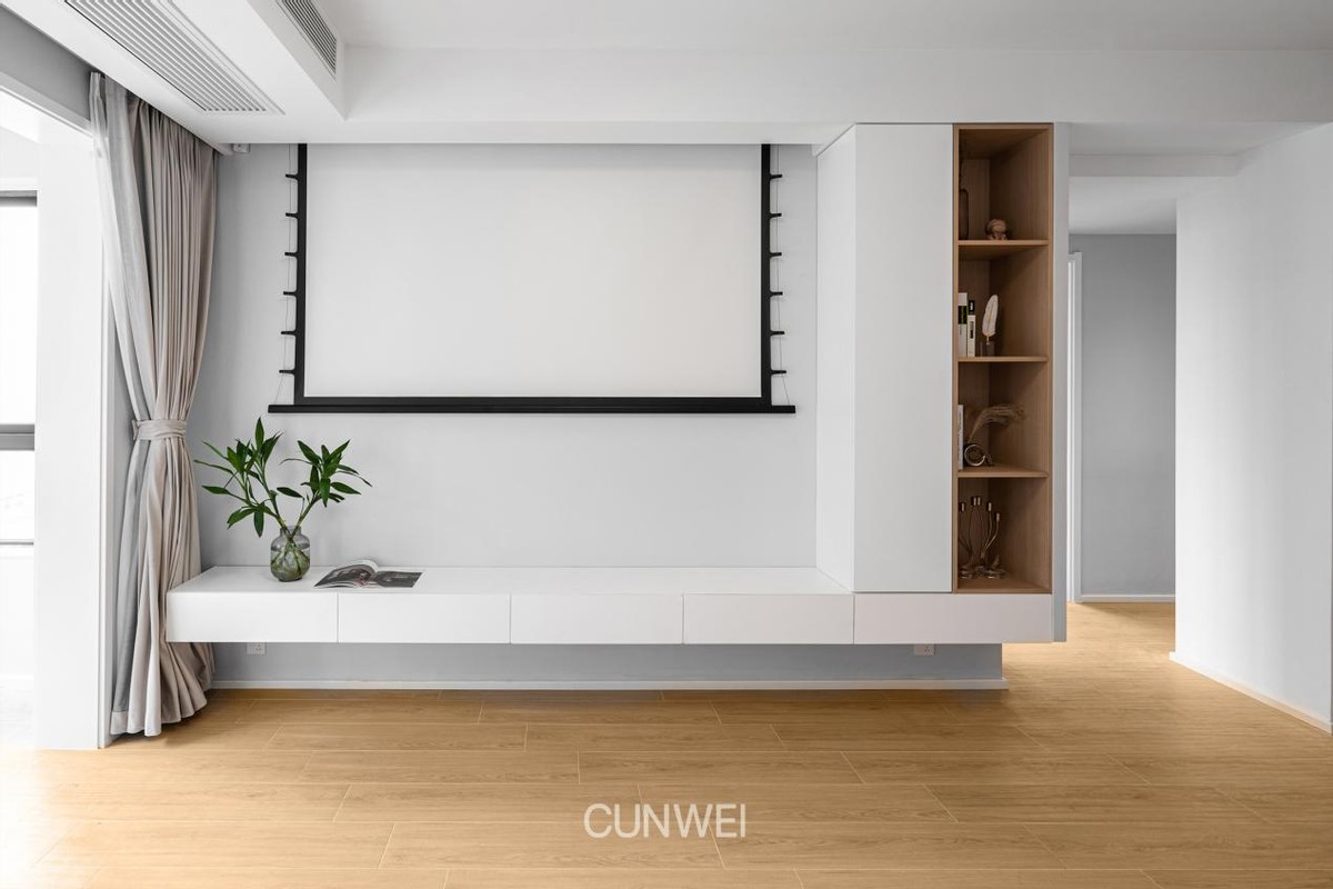 与其做满墙电视柜，不如留40㎝做书架，一柜两用，教科书级模板