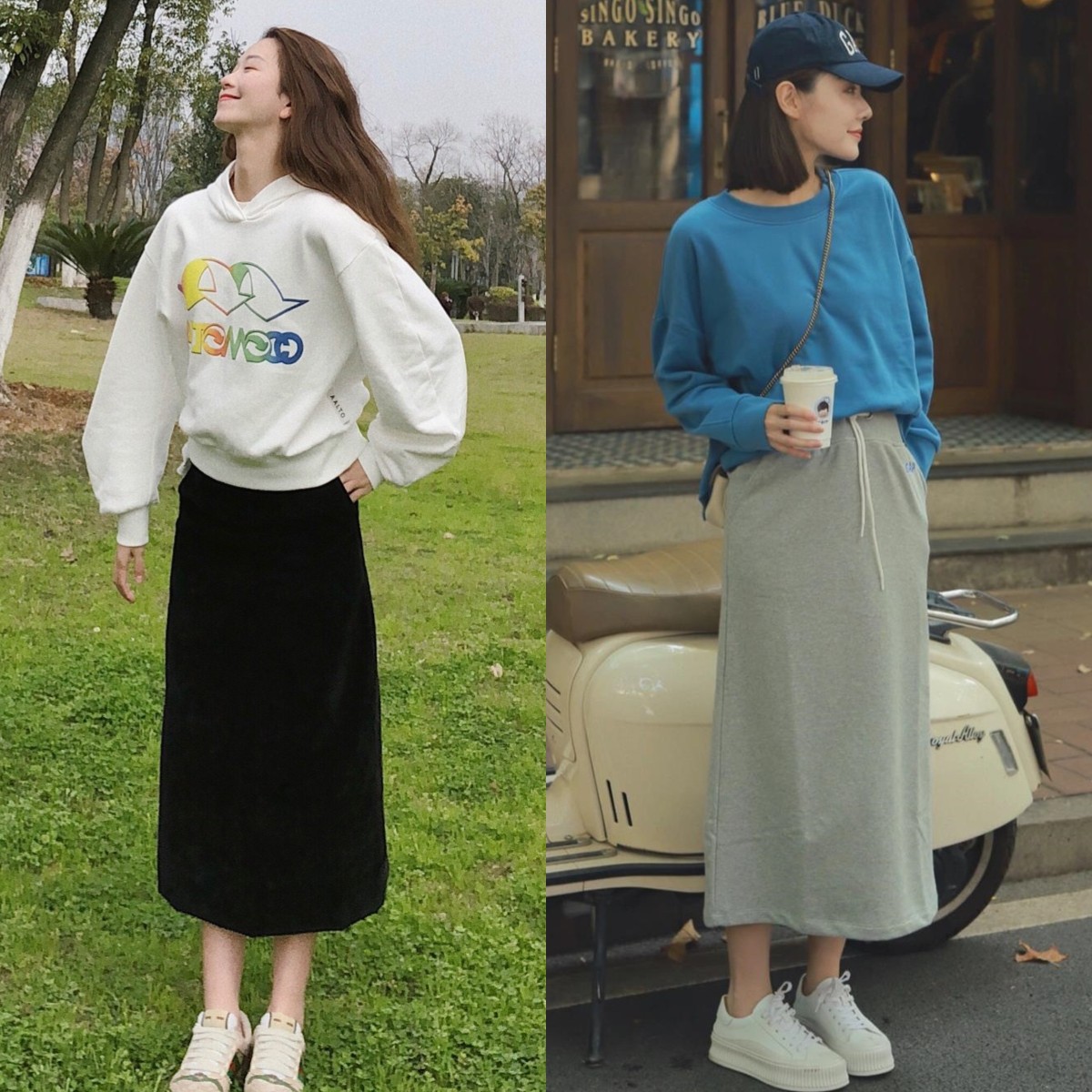 卫衣今年流行这样搭时髦又减龄,卫衣半裙秋天这样穿简直美爆了