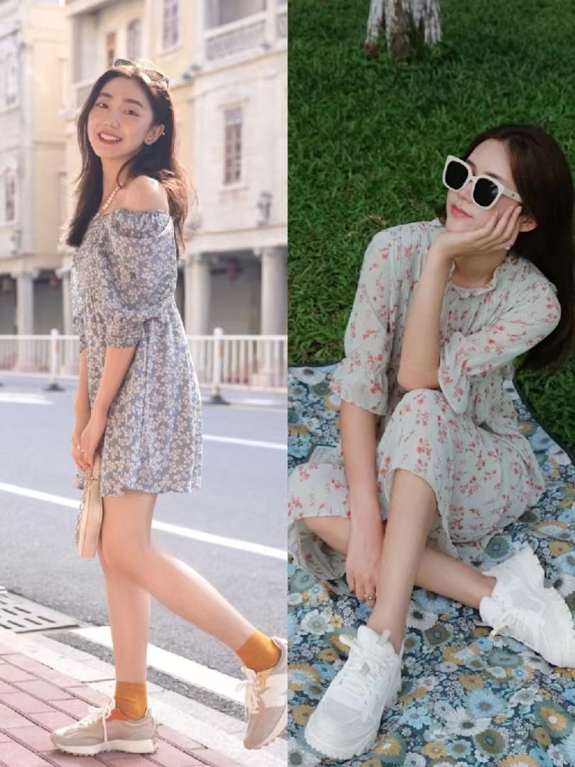 碎花连衣裙球鞋搭配图,日常碎花裙搭配什么鞋子好