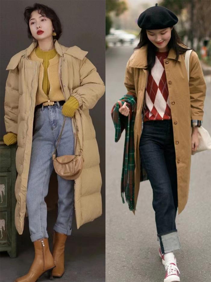 羽绒服冬季显小减龄穿搭,长款黄羽绒服高级感穿搭攻略