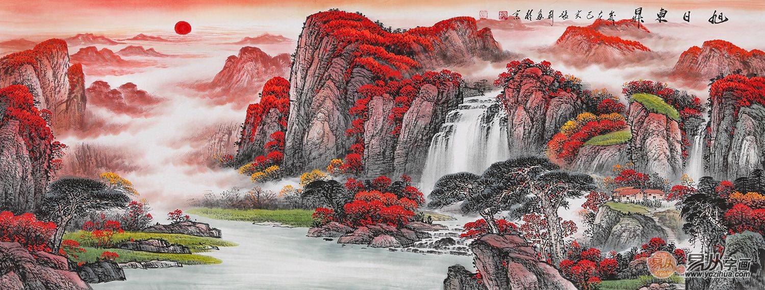 客厅鸿运当头山水画手绘,壁画客厅现代简约山水画高清图片