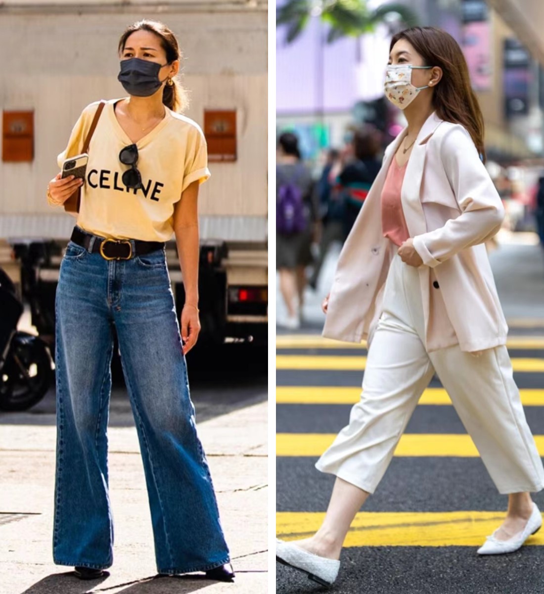 女士阔腿裤穿搭图片香港,明星夏季街拍牛仔阔腿裤穿搭