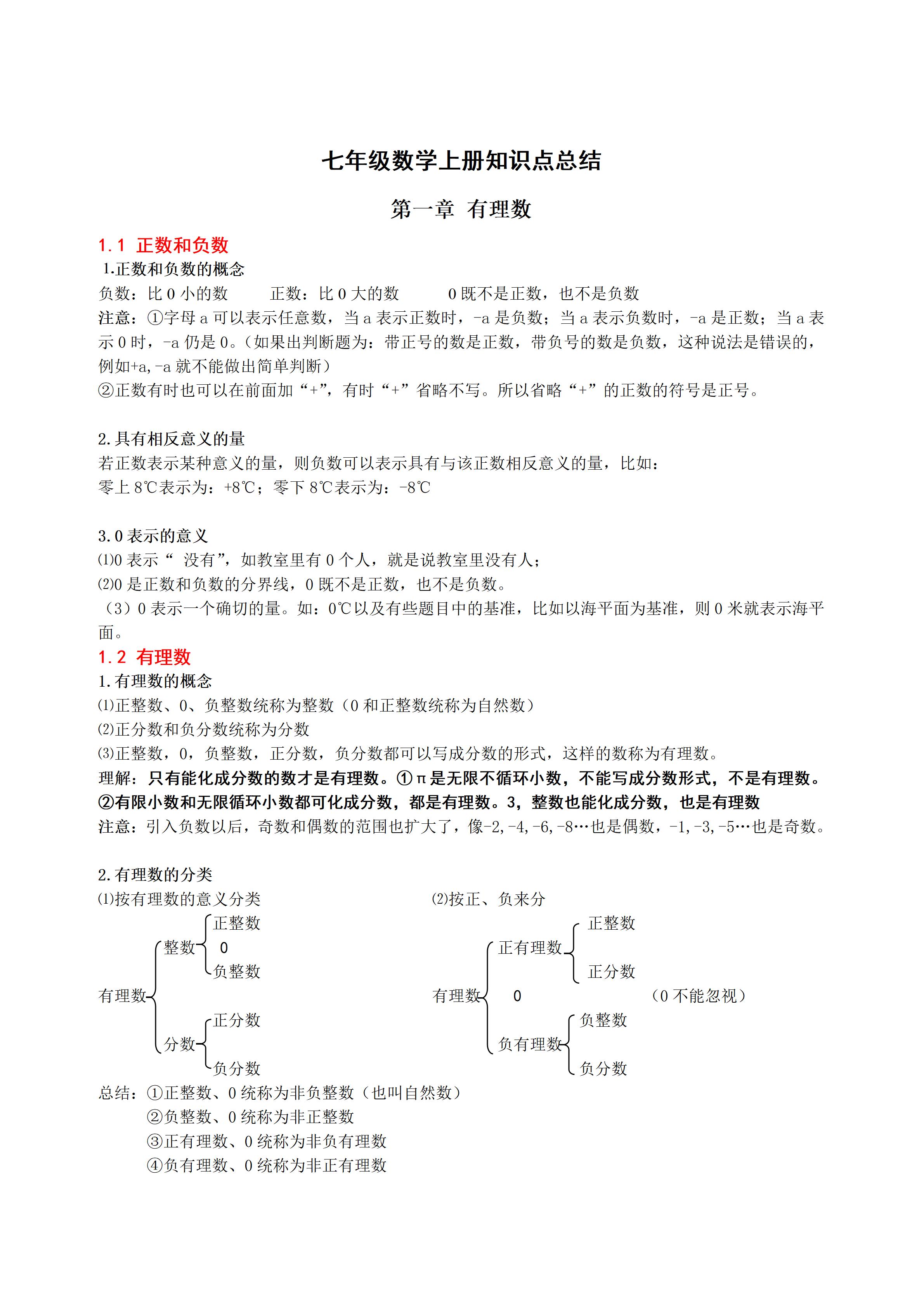 七年级上册数学期末必考归纳,七年级上册数学期末知识归纳