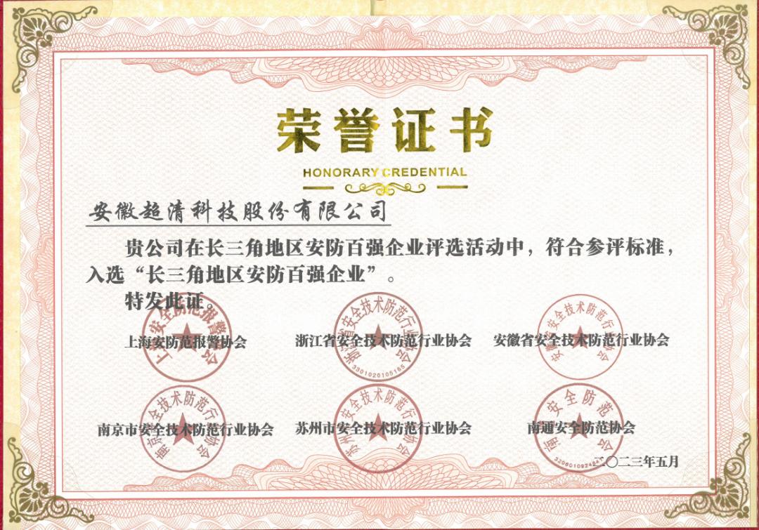 超清科技荣获“长三角地区安防百强企业”称号