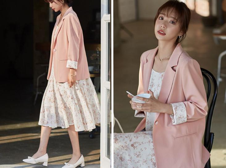碎花裙加西装外套穿搭,西装内搭碎花连衣裙春秋穿搭