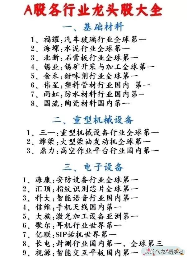 最新行业龙头股票一览表,最新行业龙头股附表