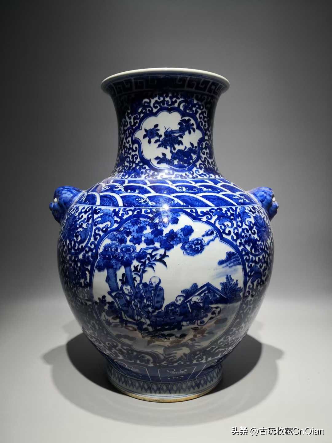 清代青花人物故事纹双联瓶,青花人物故事摆件