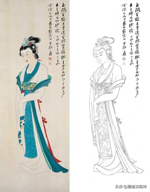 张大千临摹敦煌壁画白描稿,张大千工笔人物头部白描