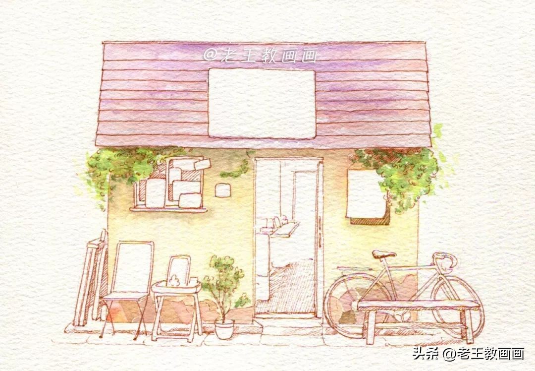 日式小屋水彩简单图片,烟雨系小清新森林水彩画