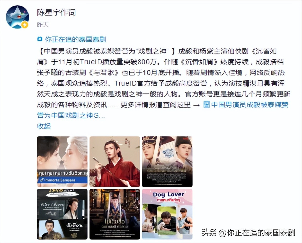 泰国明星评价陈星宇,泰国评价陈星宇