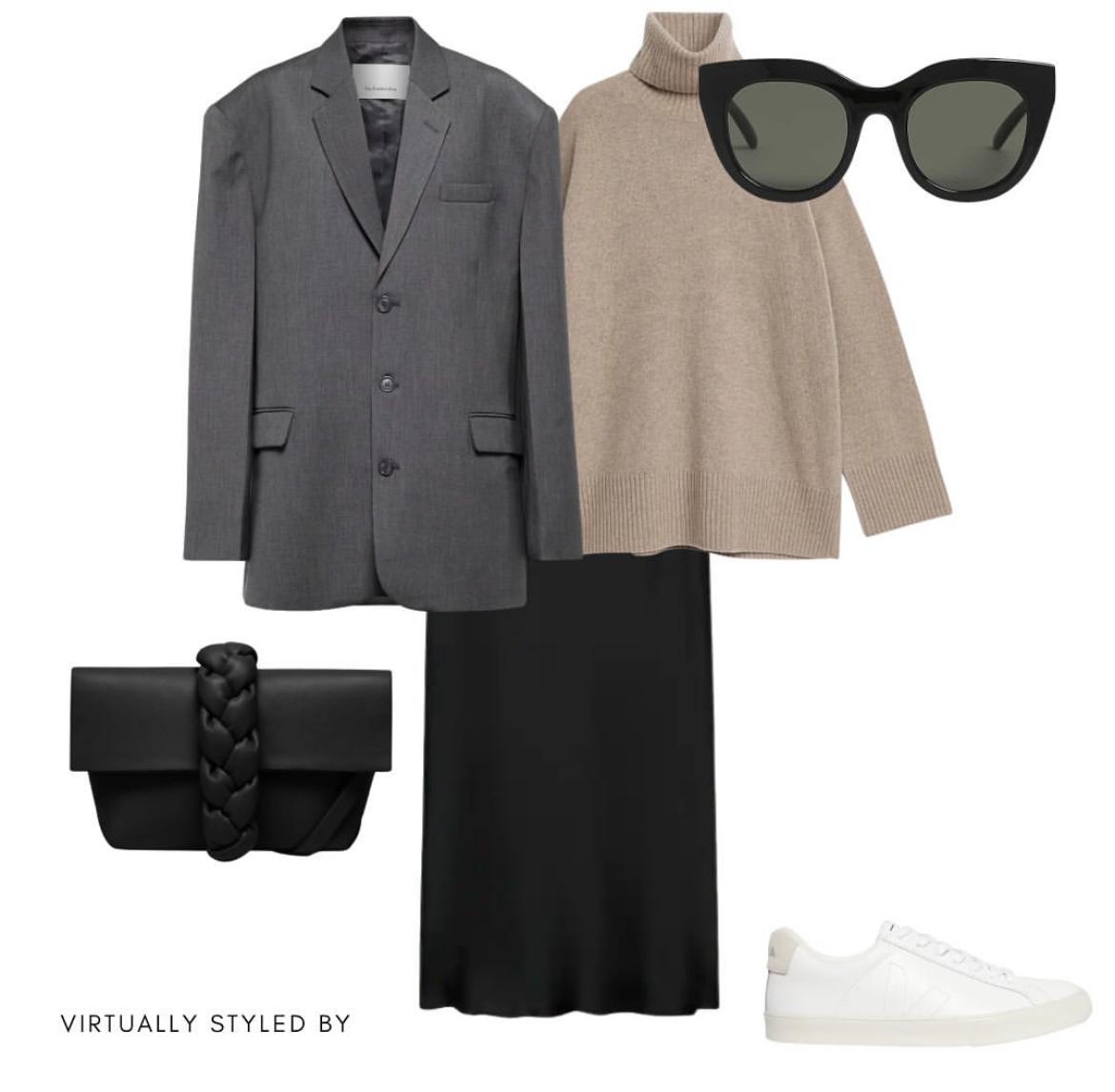 一款常规款半裙的多种风格搭配,灰色绸缎半裙搭配什么颜色上衣